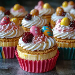 Der Boden der Mini-Osterkäsekuchen besteht aus drei einfachen Zutaten: Graham-Cracker-Brösel, Zucker und ungesalzene Butter. Die Graham-Cracker-Brösel sind der Hauptbestandteil des Bodens und sorgen für die knusprige Textur. Sie verleihen dem Käsekuchen nicht nur Stabilität, sondern auch einen leicht süßlichen Geschmack, der perfekt mit der cremigen Füllung harmoniert.