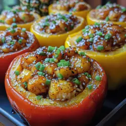 Teriyaki-Hähnchen mit Ananas und Reis in Paprika ist mehr als nur ein Gericht – es ist ein Fest für die Sinne. Die Kombination aus zartem, würzigem Hähnchen, süßer Ananas und bunten Paprika bringt die Aromen der asiatischen Küche direkt auf Ihren Tisch. Dieses Rezept ist nicht nur geschmacklich ein Highlight, sondern auch optisch ein Genuss, da die gefüllten Paprikaschoten in leuchtenden Farben eine einladende Präsentation bieten. Ob für ein alltägliches Abendessen oder eine besondere Gelegenheit, dieses Gericht wird Ihre Gäste begeistern und Ihnen zahlreiche Komplimente einbringen.