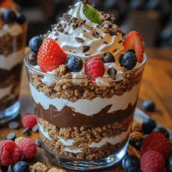 Das Himmlische Schokoladenparfait ist ein dekadentes Dessert, das nicht nur den Schokoladenliebhabern das Wasser im Mund zusammenlaufen lässt, sondern auch einfach zuzubereiten ist. Mit seinen Schichten aus cremiger Schokoladen-Schlagsahne und griechischem Joghurt, kombiniert mit knusprigen Graham-Crackern und frischen Beeren, bietet dieses Rezept eine perfekte Balance zwischen Textur und Geschmack. Die Kombination aus süß, cremig und leicht säuerlich macht es zu einem Highlight für jede Feier oder einfach als süße Belohnung nach einem langen Tag.
