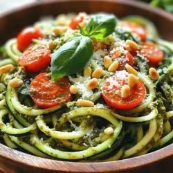Die Herstellung des Kräuter-Pesto Zoodle-Salats erfordert eine überschaubare Liste an frischen Zutaten. Jede davon bringt ihre eigenen gesundheitlichen Vorteile mit sich, die zur Gesamtqualität des Gerichts beitragen. Hier ist eine detaillierte Übersicht über die Zutaten und ihre positiven Eigenschaften: