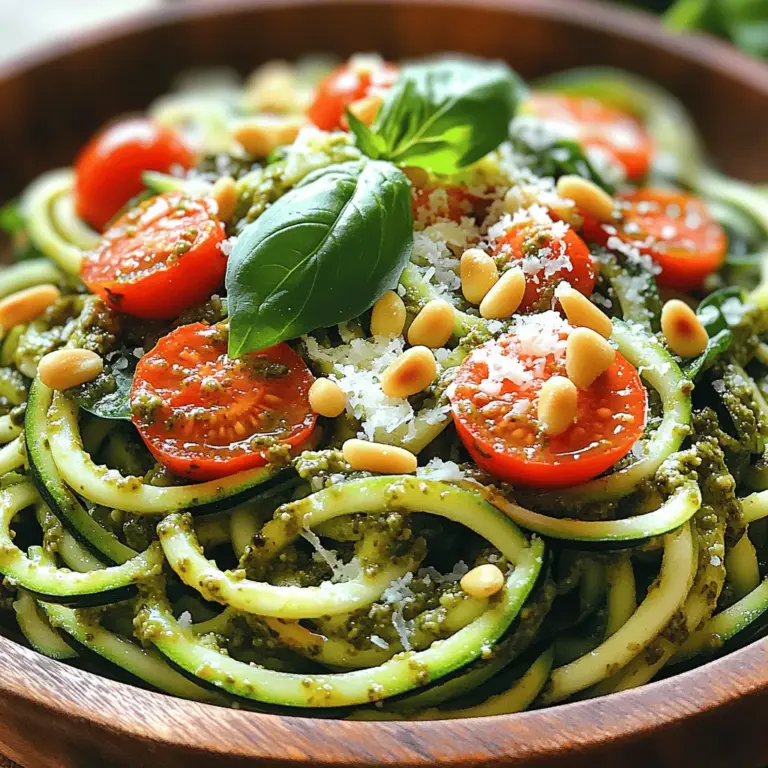 Die Herstellung des Kräuter-Pesto Zoodle-Salats erfordert eine überschaubare Liste an frischen Zutaten. Jede davon bringt ihre eigenen gesundheitlichen Vorteile mit sich, die zur Gesamtqualität des Gerichts beitragen. Hier ist eine detaillierte Übersicht über die Zutaten und ihre positiven Eigenschaften: