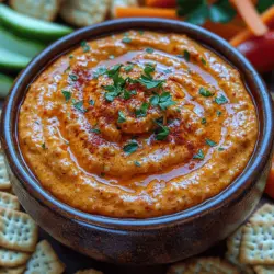 Der cremige geröstete Paprika-Dip ist eine köstliche und vielseitige Vorspeise, die sich perfekt für jede Gelegenheit eignet. Ob bei einem geselligen Abend mit Freunden, einem Familienfest oder einem entspannten Filmabend zu Hause – dieser Dip wird sicherlich die Herzen und Gaumen Ihrer Gäste erobern. Die Kombination aus aromatischen, gerösteten Paprika, cremigen Käsesorten und frischen Gewürzen sorgt für ein Geschmackserlebnis, das sowohl einfach als auch raffiniert ist.