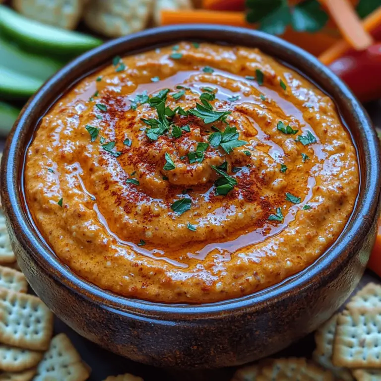 Der cremige geröstete Paprika-Dip ist eine köstliche und vielseitige Vorspeise, die sich perfekt für jede Gelegenheit eignet. Ob bei einem geselligen Abend mit Freunden, einem Familienfest oder einem entspannten Filmabend zu Hause – dieser Dip wird sicherlich die Herzen und Gaumen Ihrer Gäste erobern. Die Kombination aus aromatischen, gerösteten Paprika, cremigen Käsesorten und frischen Gewürzen sorgt für ein Geschmackserlebnis, das sowohl einfach als auch raffiniert ist.