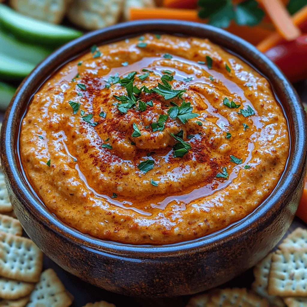Der cremige geröstete Paprika-Dip ist eine köstliche und vielseitige Vorspeise, die sich perfekt für jede Gelegenheit eignet. Ob bei einem geselligen Abend mit Freunden, einem Familienfest oder einem entspannten Filmabend zu Hause – dieser Dip wird sicherlich die Herzen und Gaumen Ihrer Gäste erobern. Die Kombination aus aromatischen, gerösteten Paprika, cremigen Käsesorten und frischen Gewürzen sorgt für ein Geschmackserlebnis, das sowohl einfach als auch raffiniert ist.