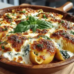 Der cremige Spinat-Ricotta-Pasta-Schalen-Auflauf ist ein wahres Fest für alle, die die italienische Küche lieben. Dieses Gericht kombiniert zarte Jumbo-Pasta-Schalen mit einer köstlichen Füllung aus frischem Spinat und Ricotta, überbacken mit einer aromatischen Marinara-Sauce und geschmolzenem Käse. Es ist nicht nur ein Genuss für den Gaumen, sondern überzeugt auch durch seine ansprechende Optik – perfekt für ein Abendessen mit Freunden oder ein gemütliches Familienessen.