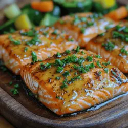 Honigbutter-glasiertes Lachsfilet ist nicht nur ein Gericht, das den Gaumen verwöhnt, sondern auch eine wahre Augenweide auf jedem Teller. Der Lachs wird in einer köstlichen Mischung aus Honig, Butter und aromatischen Gewürzen mariniert und anschließend im Ofen gebacken, bis er zart und saftig ist. Dieses Rezept vereint die Süße des Honigs mit der herzhaften Note der Sojasoße und dem würzigen Kick des Ingwers, was zu einem unvergleichlichen Geschmackserlebnis führt.
