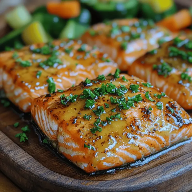 Honigbutter-glasiertes Lachsfilet ist nicht nur ein Gericht, das den Gaumen verwöhnt, sondern auch eine wahre Augenweide auf jedem Teller. Der Lachs wird in einer köstlichen Mischung aus Honig, Butter und aromatischen Gewürzen mariniert und anschließend im Ofen gebacken, bis er zart und saftig ist. Dieses Rezept vereint die Süße des Honigs mit der herzhaften Note der Sojasoße und dem würzigen Kick des Ingwers, was zu einem unvergleichlichen Geschmackserlebnis führt.