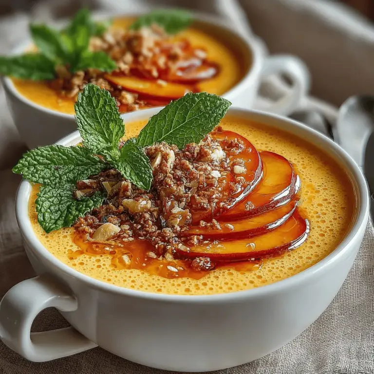 Die Kühle Cremige Pfirsich Genuss-Suppe ist ein erfrischendes und köstliches Gericht, das perfekt für heiße Sommertage oder als leichtes Dessert nach einem üppigen Abendessen geeignet ist. Diese Suppe kombiniert die natürliche Süße und den fruchtigen Geschmack reifer Pfirsiche mit der Cremigkeit von Kokosmilch und griechischem Joghurt, was sie zu einem wahren Genuss für alle Fruchtliebhaber macht.