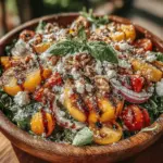 Die lebhafte Sommersalat-Schüssel mit Pfirsichen ist ein erfrischendes und gesundes Gericht, das in den warmen Monaten besonders beliebt ist. Dieser Salat vereint die süße Frische reifer Pfirsiche mit einer Vielzahl von knackigem Gemüse und nussigen Aromen und bietet so eine perfekte Balance aus Geschmack und Nährstoffen. Egal, ob als leichtes Mittagessen, Beilage zu Grillgerichten oder als farbenfrohe Vorspeise – dieser Salat bringt nicht nur Farbe auf den Teller, sondern auch Freude in die Küche.