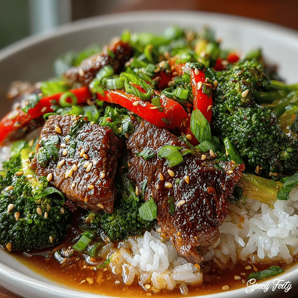 - 450 g flank steak, dünn gegen die Faser geschnitten - 2 Tassen Brokkoliröschen - 1 rote Paprika, dünn geschnitten - 3 Knoblauchzehen, fein gehackt - 2,5 cm frischer Ingwer, gerieben - 60 ml Sojasauce (geringer Salzgehalt empfohlen) - 30 ml Austernsauce - 1 Esslöffel Maisstärke, gemischt mit 2 Esslöffeln Wasser - 30 ml Pflanzenöl - Gekochter Jasminreis oder Vollkornreis zum Servieren - Sesamsamen und geschnittene Frühlingszwiebeln zur Garnitur