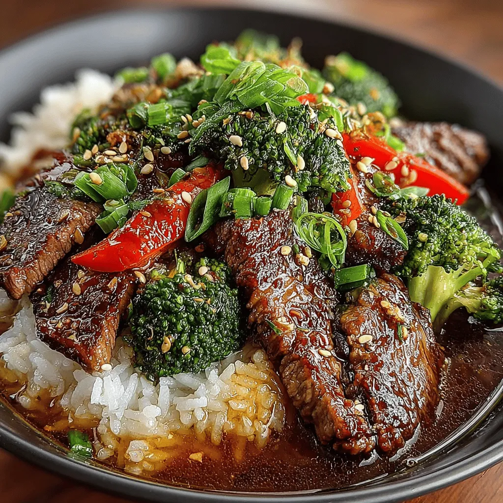 - 450 g flank steak, dünn gegen die Faser geschnitten - 2 Tassen Brokkoliröschen - 1 rote Paprika, dünn geschnitten - 3 Knoblauchzehen, fein gehackt - 2,5 cm frischer Ingwer, gerieben - 60 ml Sojasauce (geringer Salzgehalt empfohlen) - 30 ml Austernsauce - 1 Esslöffel Maisstärke, gemischt mit 2 Esslöffeln Wasser - 30 ml Pflanzenöl - Gekochter Jasminreis oder Vollkornreis zum Servieren - Sesamsamen und geschnittene Frühlingszwiebeln zur Garnitur