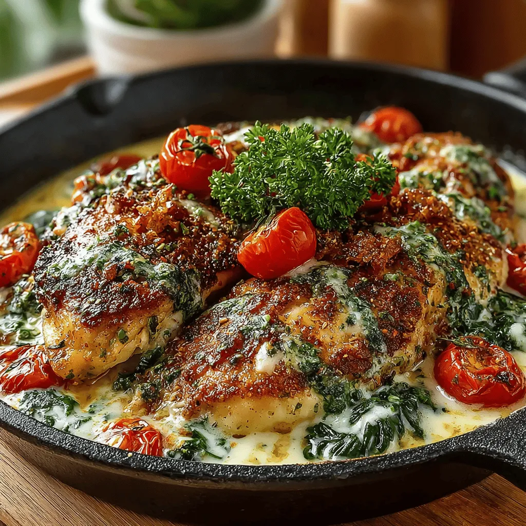 - 4 Hähnchenbrustfilets, ohne Haut und Knochen - Salz und Pfeffer nach Geschmack - 2 Esslöffel Olivenöl - 4 Zehen Knoblauch, fein gehackt - 1 Tasse Hühnerbrühe - 1 Tasse Sahne - 1 Tasse geriebener Parmesan - 1 Teelöffel italienische Gewürzmischung - 1 Tasse Cherrytomaten, halbiert - 2 Tassen frischer Spinat - Frische Petersilie, gehackt (zum Garnieren)
