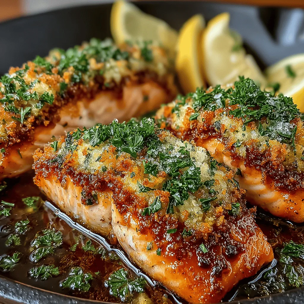 - 4 Lachsfilets (je 170 g), mit Haut - 125 g frisch geriebener Parmesan - 125 g Panko-Semmelbrösel - 3 Knoblauchzehen, fein gehackt - ¼ Tasse frische Petersilie, gehackt - 2 Esslöffel geschmolzene Butter - 1 Esslöffel Olivenöl - 1 Teelöffel Zitronenschale - Salz und Pfeffer nach Geschmack - Zitronenschnitze zum Servieren