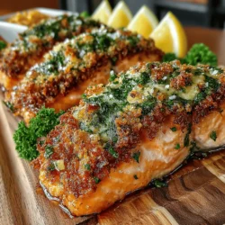 - 4 Lachsfilets (je 170 g), mit Haut - 125 g frisch geriebener Parmesan - 125 g Panko-Semmelbrösel - 3 Knoblauchzehen, fein gehackt - ¼ Tasse frische Petersilie, gehackt - 2 Esslöffel geschmolzene Butter - 1 Esslöffel Olivenöl - 1 Teelöffel Zitronenschale - Salz und Pfeffer nach Geschmack - Zitronenschnitze zum Servieren