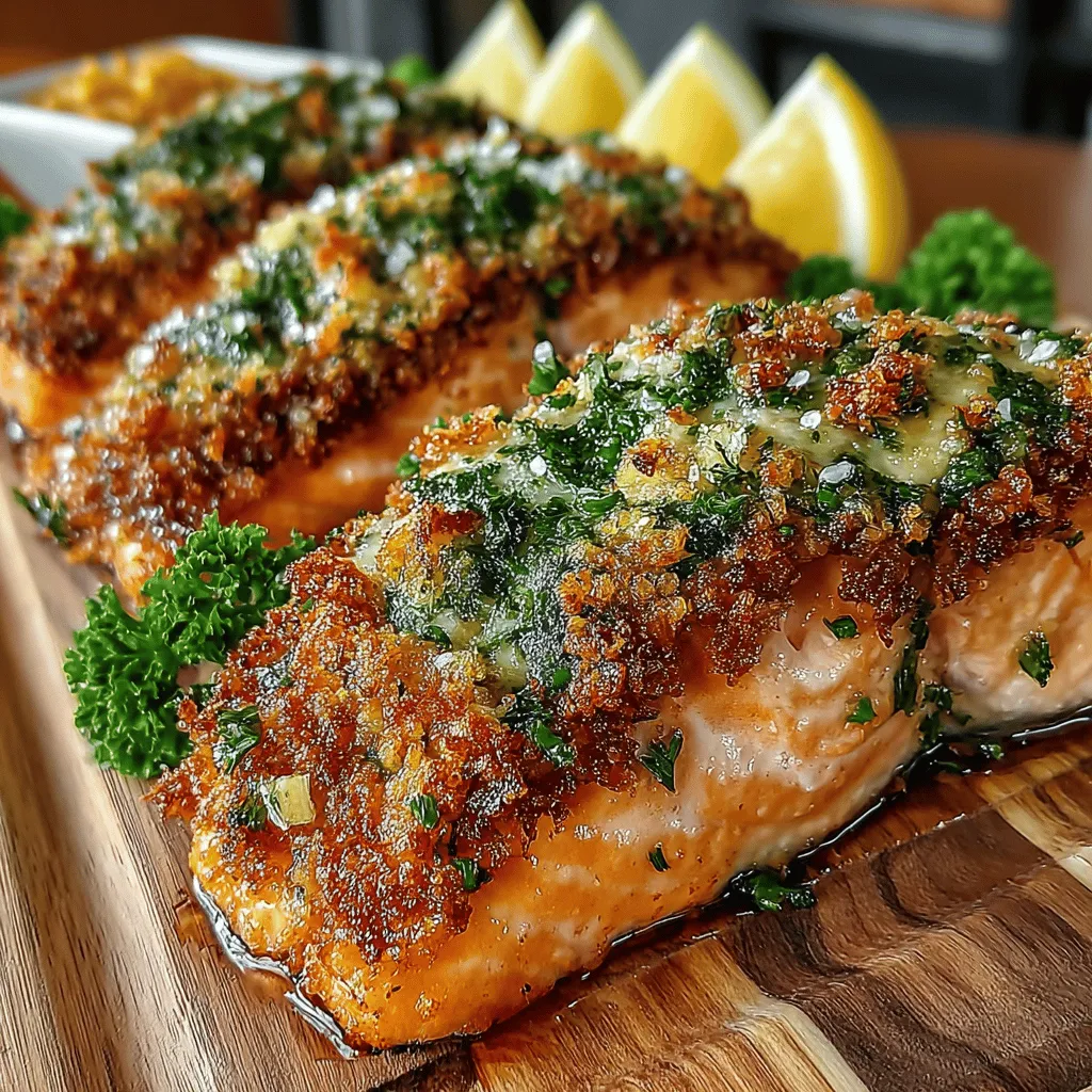 - 4 Lachsfilets (je 170 g), mit Haut - 125 g frisch geriebener Parmesan - 125 g Panko-Semmelbrösel - 3 Knoblauchzehen, fein gehackt - ¼ Tasse frische Petersilie, gehackt - 2 Esslöffel geschmolzene Butter - 1 Esslöffel Olivenöl - 1 Teelöffel Zitronenschale - Salz und Pfeffer nach Geschmack - Zitronenschnitze zum Servieren