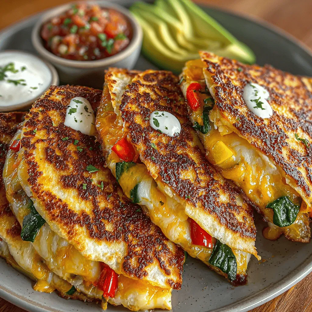 - 4 große Weizentortillas - 1 Tasse geriebener Mozzarella-Käse - 1 Tasse geriebener Cheddar-Käse - 1 Tasse Paprika (gemischte Farben), dünn geschnitten - 1 Tasse Zucchini, dünn geschnitten - 1 Tasse Spinatblätter, grob gehackt - 1 kleine Zwiebel, gewürfelt - 2 Knoblauchzehen, gehackt - 1 Teelöffel Kreuzkümmelpulver - 1 Teelöffel geräuchertes Paprikapulver - 2 Esslöffel Olivenöl - Salz und Pfeffer nach Geschmack - 1 Avocado, in Scheiben (zum Servieren) - Frische Salsa oder Pico de Gallo (zum Servieren) - Sauerrahm oder griechischer Joghurt (zum Servieren)