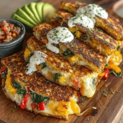 - 4 große Weizentortillas - 1 Tasse geriebener Mozzarella-Käse - 1 Tasse geriebener Cheddar-Käse - 1 Tasse Paprika (gemischte Farben), dünn geschnitten - 1 Tasse Zucchini, dünn geschnitten - 1 Tasse Spinatblätter, grob gehackt - 1 kleine Zwiebel, gewürfelt - 2 Knoblauchzehen, gehackt - 1 Teelöffel Kreuzkümmelpulver - 1 Teelöffel geräuchertes Paprikapulver - 2 Esslöffel Olivenöl - Salz und Pfeffer nach Geschmack - 1 Avocado, in Scheiben (zum Servieren) - Frische Salsa oder Pico de Gallo (zum Servieren) - Sauerrahm oder griechischer Joghurt (zum Servieren)