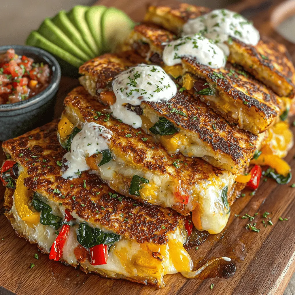 - 4 große Weizentortillas - 1 Tasse geriebener Mozzarella-Käse - 1 Tasse geriebener Cheddar-Käse - 1 Tasse Paprika (gemischte Farben), dünn geschnitten - 1 Tasse Zucchini, dünn geschnitten - 1 Tasse Spinatblätter, grob gehackt - 1 kleine Zwiebel, gewürfelt - 2 Knoblauchzehen, gehackt - 1 Teelöffel Kreuzkümmelpulver - 1 Teelöffel geräuchertes Paprikapulver - 2 Esslöffel Olivenöl - Salz und Pfeffer nach Geschmack - 1 Avocado, in Scheiben (zum Servieren) - Frische Salsa oder Pico de Gallo (zum Servieren) - Sauerrahm oder griechischer Joghurt (zum Servieren)
