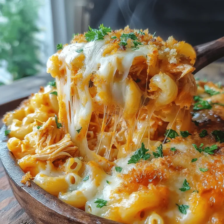 Dieses feurige Buffalo-Hühnchen Mac & Cheese ist eine wahre Geschmacksexplosion, die perfekt für ein gemütliches Abendessen oder eine gesellige Zusammenkunft ist. Die Kombination aus cremigem Käse, zartem Hühnchen und der scharfen Buffalo-Sauce macht dieses Gericht zu einem echten Hit. Die Würze des Buffalos und die samtige Konsistenz der Käsesauce ergänzen sich hervorragend und sorgen für ein unvergessliches Geschmackserlebnis.