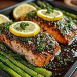 - 4 Lachsfilets (je ca. 170 g) - 450 g Spargel, geputzt - 3 Esslöffel Olivenöl - 2 Esslöffel frischer Zitronensaft - Abrieb von 1 Zitrone - 2 Knoblauchzehen, fein gehackt - 1 Teelöffel getrockneter Oregano - 1 Teelöffel getrockneter Thymian - Salz und Pfeffer nach Geschmack - Zitronenscheiben zur Garnierung - Frische Petersilie für die Servierung (optional)