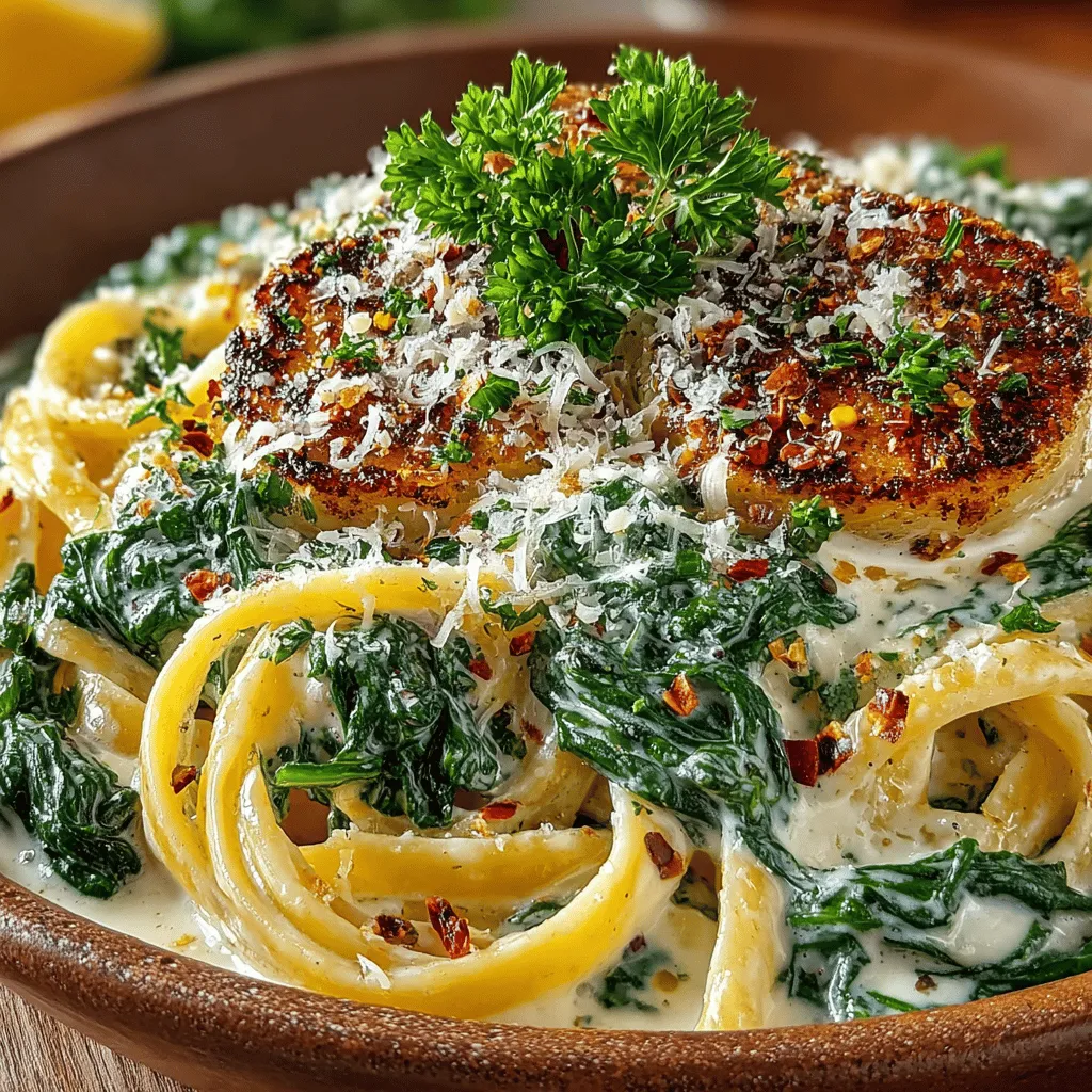 - 225 g Fettuccine oder Pasta nach Wahl - 2 Esslöffel Olivenöl - 4 Knoblauchzehen, fein gehackt - 1 Teelöffel rote Pfefferflocken (optional) - 2 Tassen frischer Spinat, grob gehackt - 240 ml Sahne - 100 g frisch geriebener Parmesan - Salz und Pfeffer nach Geschmack - 1 Esslöffel Zitronensaft - Frische Petersilie, gehackt (zur Garnitur) - Zusätzlicher Parmesan zum Servieren