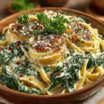 - 225 g Fettuccine oder Pasta nach Wahl - 2 Esslöffel Olivenöl - 4 Knoblauchzehen, fein gehackt - 1 Teelöffel rote Pfefferflocken (optional) - 2 Tassen frischer Spinat, grob gehackt - 240 ml Sahne - 100 g frisch geriebener Parmesan - Salz und Pfeffer nach Geschmack - 1 Esslöffel Zitronensaft - Frische Petersilie, gehackt (zur Garnitur) - Zusätzlicher Parmesan zum Servieren