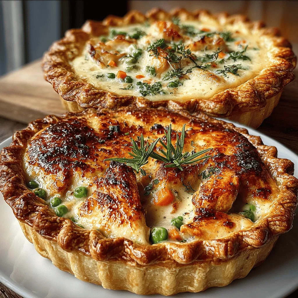 Für die Füllung: - 450 g Hähnchenschenkel ohne Knochen und Haut (in mundgerechte Stücke geschnitten) - 1 mittelgroße Zwiebel (gewürfelt) - 2 Karotten (in Scheiben geschnitten) - 2 Selleriestangen (in Scheiben geschnitten) - 3 Knoblauchzehen (gehackt) - 1 Tasse gefrorene Erbsen - 720 ml Hühnerbrühe - 120 ml Sahne - 30 g Allzweckmehl - 1 TL getrockneter Thymian - 1 TL getrockneter Rosmarin - 2 EL Olivenöl - Salz und Pfeffer nach Geschmack