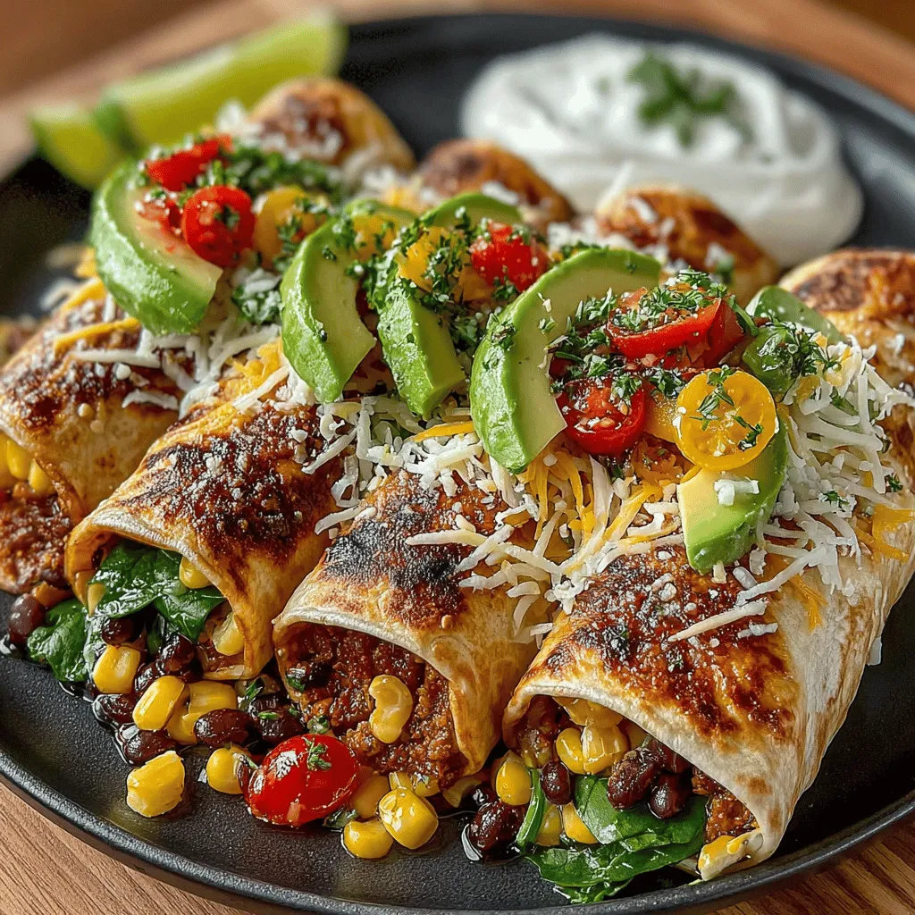 - 4 große Vollkorn-Tortillas - 1 Tasse schwarze Bohnen aus der Dose, abgespült und abgetropft - 1 Tasse Mais (aus der Dose oder gefroren, bei gefrorenem vorher auftauen) - 1 rote Paprika, gewürfelt - 1 Tasse Kirschtomaten, halbiert - 1 Avocado, in Scheiben geschnitten - 1 Tasse frischer Spinat oder gemischter Salat - 1/2 Tasse geriebener Käse (Cheddar oder Monterey Jack) - 1/4 Tasse griechischer Joghurt oder Sauerrahm - 1 Esslöffel Limettensaft - 1 Teelöffel Kreuzkümmel - 1 Teelöffel Chilipulver - Salz und Pfeffer nach Geschmack - Frischer Koriander (optional, zur Garnitur)