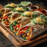 - 4 große Vollkorn-Tortillas - 1 Tasse schwarze Bohnen aus der Dose, abgespült und abgetropft - 1 Tasse Mais (aus der Dose oder gefroren, bei gefrorenem vorher auftauen) - 1 rote Paprika, gewürfelt - 1 Tasse Kirschtomaten, halbiert - 1 Avocado, in Scheiben geschnitten - 1 Tasse frischer Spinat oder gemischter Salat - 1/2 Tasse geriebener Käse (Cheddar oder Monterey Jack) - 1/4 Tasse griechischer Joghurt oder Sauerrahm - 1 Esslöffel Limettensaft - 1 Teelöffel Kreuzkümmel - 1 Teelöffel Chilipulver - Salz und Pfeffer nach Geschmack - Frischer Koriander (optional, zur Garnitur)