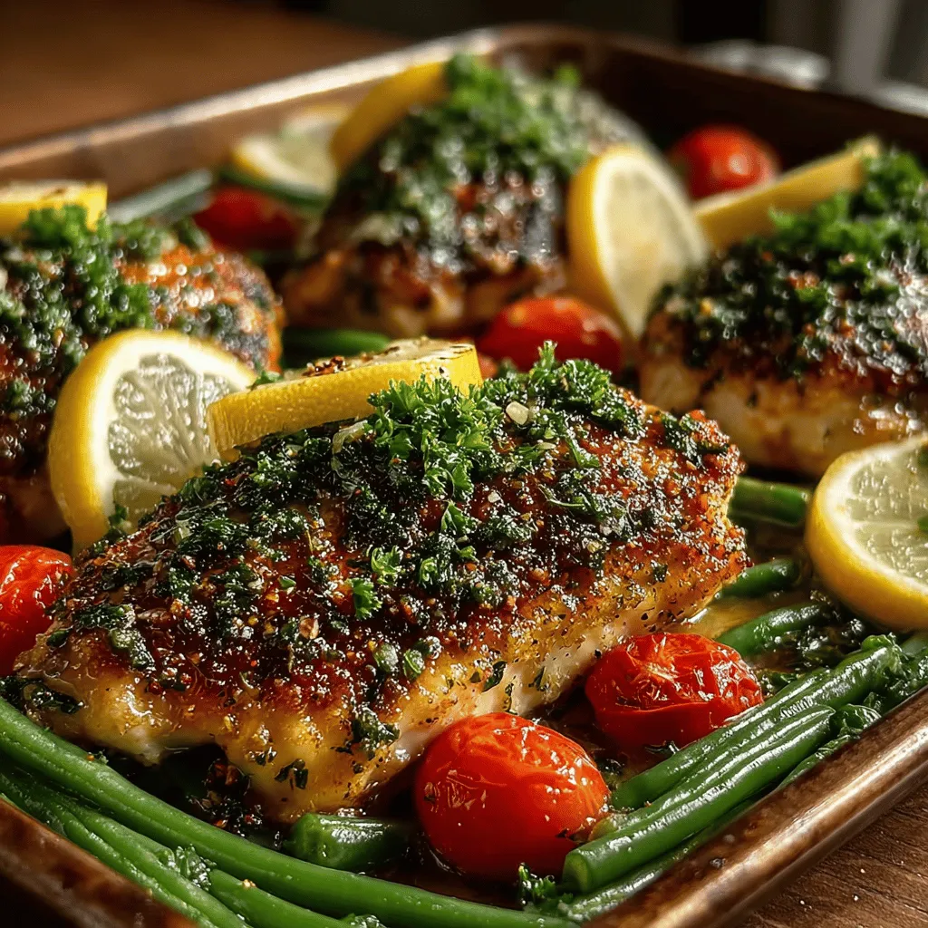 - 4 Hähnchenbrustfilets, ohne Haut und Knochen - 2 Esslöffel Olivenöl - 2 Esslöffel frischer Zitronensaft (ca. 1 große Zitrone) - Abrieb von 1 Zitrone - 3 Knoblauchzehen, fein gehackt - 1 Teelöffel getrockneter Thymian - 1 Teelöffel getrockneter Oregano - 1 Teelöffel getrockneter Rosmarin - 1 Teelöffel Salz - 1/2 Teelöffel schwarzer Pfeffer - 450 g frische grüne Bohnen, geputzt - 250 g Kirschtomaten, halbiert - Frische Petersilie, gehackt (zum Garnieren) - Zitronenschnitze (zum Servieren)
