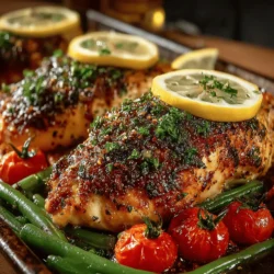 - 4 Hähnchenbrustfilets, ohne Haut und Knochen - 2 Esslöffel Olivenöl - 2 Esslöffel frischer Zitronensaft (ca. 1 große Zitrone) - Abrieb von 1 Zitrone - 3 Knoblauchzehen, fein gehackt - 1 Teelöffel getrockneter Thymian - 1 Teelöffel getrockneter Oregano - 1 Teelöffel getrockneter Rosmarin - 1 Teelöffel Salz - 1/2 Teelöffel schwarzer Pfeffer - 450 g frische grüne Bohnen, geputzt - 250 g Kirschtomaten, halbiert - Frische Petersilie, gehackt (zum Garnieren) - Zitronenschnitze (zum Servieren)