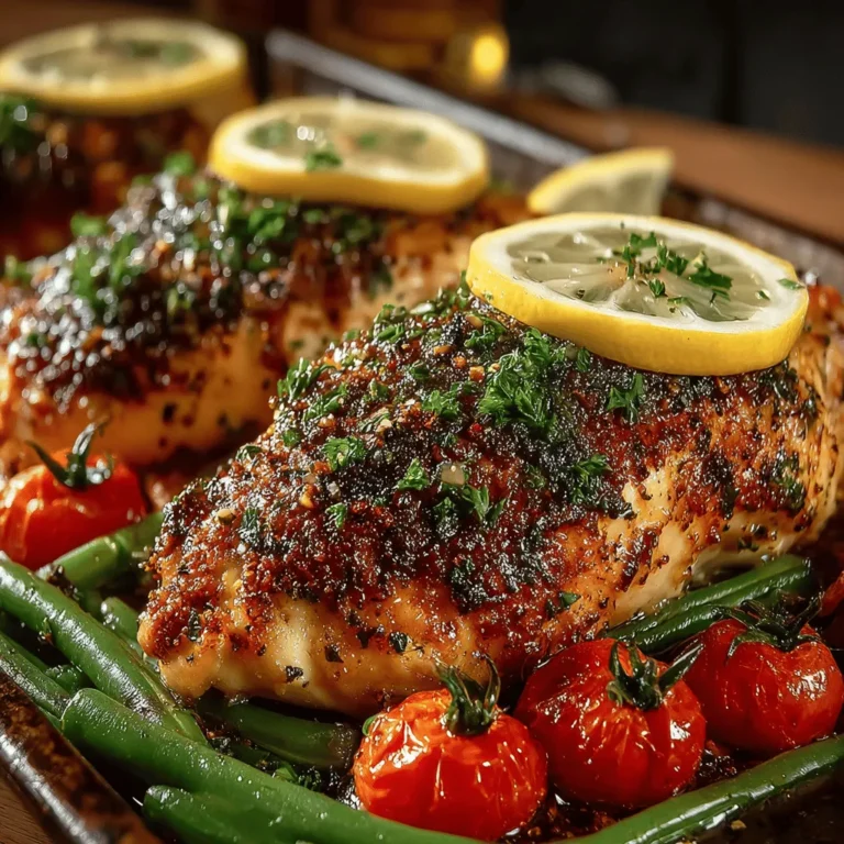 - 4 Hähnchenbrustfilets, ohne Haut und Knochen - 2 Esslöffel Olivenöl - 2 Esslöffel frischer Zitronensaft (ca. 1 große Zitrone) - Abrieb von 1 Zitrone - 3 Knoblauchzehen, fein gehackt - 1 Teelöffel getrockneter Thymian - 1 Teelöffel getrockneter Oregano - 1 Teelöffel getrockneter Rosmarin - 1 Teelöffel Salz - 1/2 Teelöffel schwarzer Pfeffer - 450 g frische grüne Bohnen, geputzt - 250 g Kirschtomaten, halbiert - Frische Petersilie, gehackt (zum Garnieren) - Zitronenschnitze (zum Servieren)