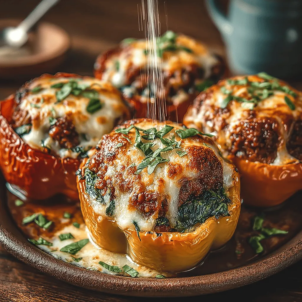 - 4 große Paprika (jede Farbe) - 450 g Rinderhackfleisch (85% mager) - 2 Tassen frischer Spinat, grob gehackt - 1 Tasse gekochter Reis (weiß oder braun) - 1 kleine Zwiebel, fein gehackt - 3 Knoblauchzehen, gehackt - 1 Dose (405 g) gewürfelte Tomaten mit Knoblauch und Zwiebel, abgetropft - 1 Teelöffel italienische Gewürzmischung - 1/2 Teelöffel zerstoßene rote Pfefferflocken (optional) - Salz und Pfeffer nach Geschmack - 1 Tasse geriebener Mozzarella-Käse - 2 Esslöffel Olivenöl - Frisches Basilikum oder Petersilie zur Garnitur (optional)