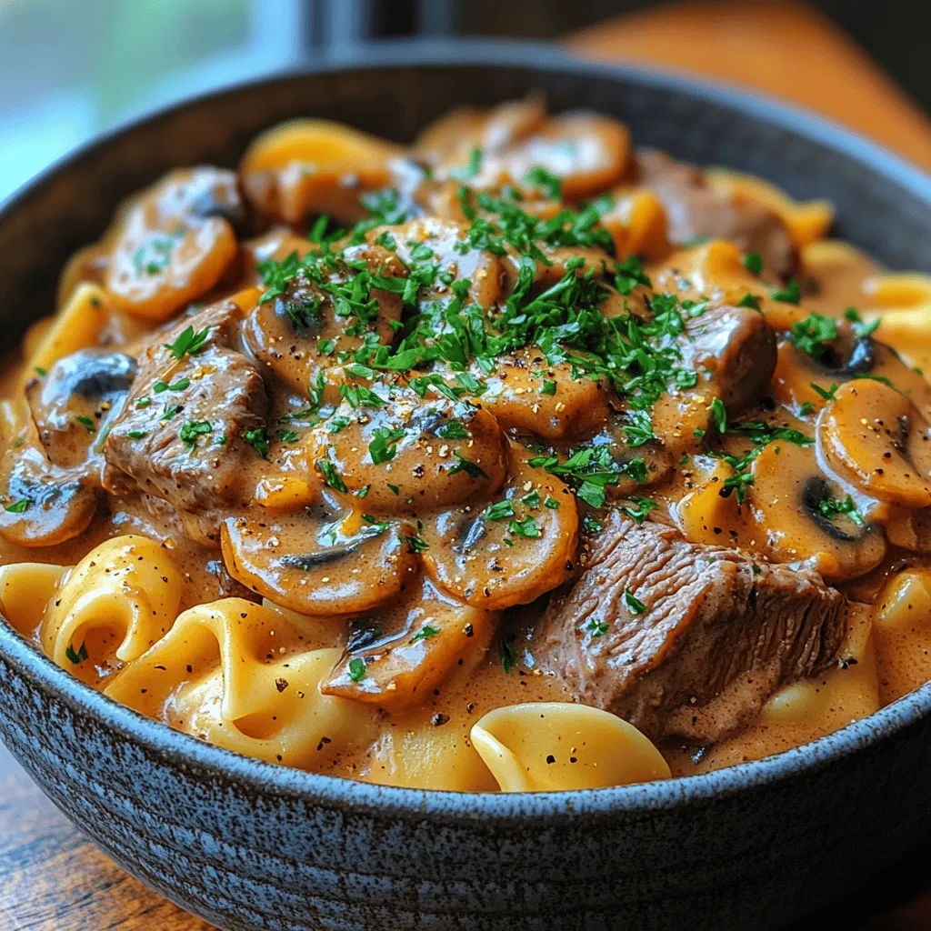 - 450 g Rinderfilet, dünn geschnitten - 2 Tassen Eiernudeln - 1 mittelgroße Zwiebel, fein gehackt - 2 Knoblauchzehen, gehackt - 225 g Champignons, in Scheiben geschnitten - 2 Tassen Rinderbrühe - 1 Tasse saure Sahne - 1 Esslöffel Worcestersauce - 1 Esslöffel Dijon-Senf - 2 Esslöffel Olivenöl - Salz und Pfeffer nach Geschmack - Frische Petersilie, gehackt (zum Garnieren)