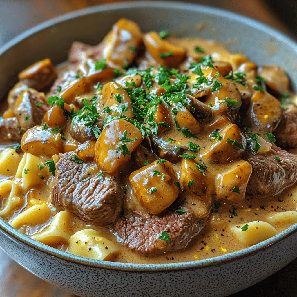 - 450 g Rinderfilet, dünn geschnitten - 2 Tassen Eiernudeln - 1 mittelgroße Zwiebel, fein gehackt - 2 Knoblauchzehen, gehackt - 225 g Champignons, in Scheiben geschnitten - 2 Tassen Rinderbrühe - 1 Tasse saure Sahne - 1 Esslöffel Worcestersauce - 1 Esslöffel Dijon-Senf - 2 Esslöffel Olivenöl - Salz und Pfeffer nach Geschmack - Frische Petersilie, gehackt (zum Garnieren)