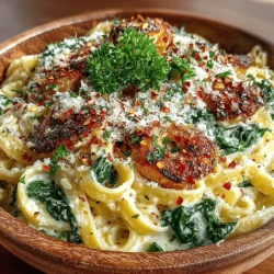 - 340 g Fettuccine oder Pasta nach Wahl (ca. 12 oz) - 2 Tassen frischer Spinat, grob gehackt - 4 Knoblauchzehen, fein gehackt - 1 Tasse Schlagsahne - 1 Tasse geriebener Parmesan - 2 Esslöffel Olivenöl - 1 Esslöffel Butter - 1 Teelöffel italienische Gewürzmischung - Salz und Pfeffer nach Geschmack - Rote Pfefferflocken (optional) zum Garnieren - Frische Petersilie, gehackt, zum Garnieren