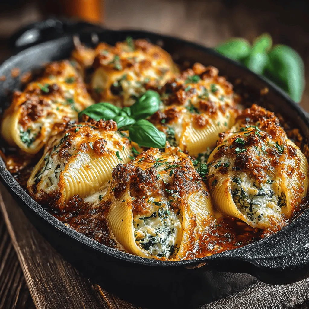 - 20 große Pastaschalen - 450 g Hackfleisch vom Truthahn - 250 g Ricotta-Käse - 2 Tassen frischer Spinat, grob gehackt - 1 Tasse geriebener Mozzarella-Käse, geteilt - 50 g geriebener Parmesan-Käse - 1 Ei, geschlagen - 2 Knoblauchzehen, fein gehackt - 1 Teelöffel getrocknete italienische Gewürzmischung - 1 Glas (680 g) Marinara-Sauce - Salz und Pfeffer nach Geschmack - Frische Basilikumblätter zur Garnierung (optional)