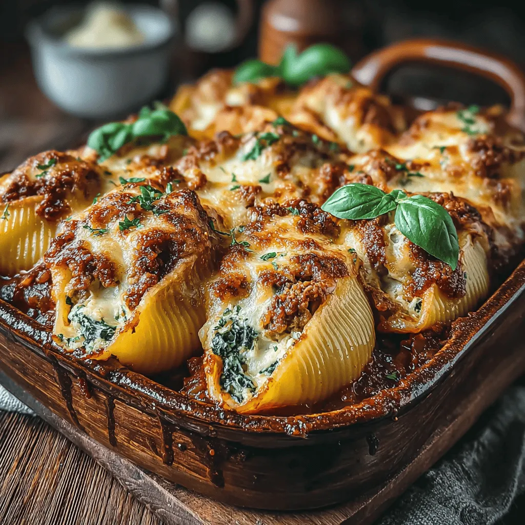 - 20 große Pastaschalen - 450 g Hackfleisch vom Truthahn - 250 g Ricotta-Käse - 2 Tassen frischer Spinat, grob gehackt - 1 Tasse geriebener Mozzarella-Käse, geteilt - 50 g geriebener Parmesan-Käse - 1 Ei, geschlagen - 2 Knoblauchzehen, fein gehackt - 1 Teelöffel getrocknete italienische Gewürzmischung - 1 Glas (680 g) Marinara-Sauce - Salz und Pfeffer nach Geschmack - Frische Basilikumblätter zur Garnierung (optional)