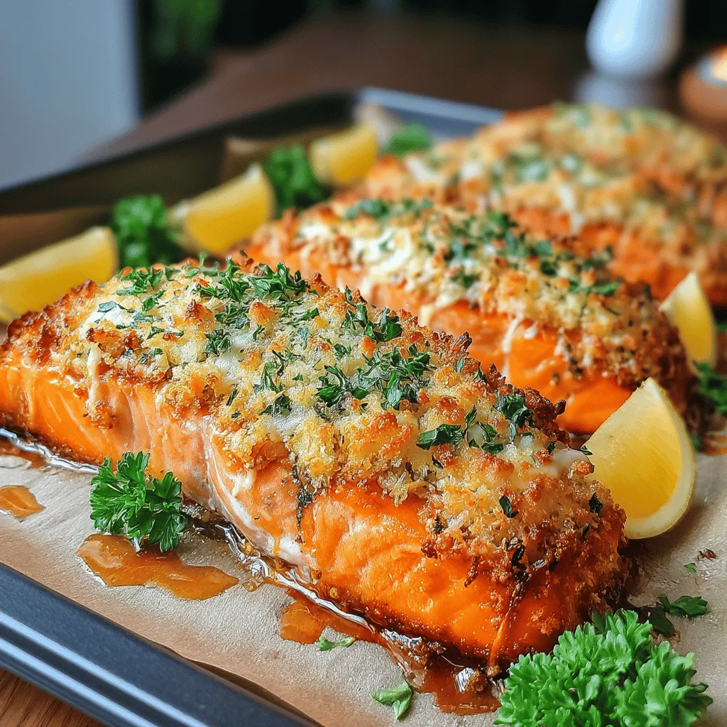 Lachsfilets mit einer knusprigen Kräuter-Knoblauch-Parmesan-Kruste sind nicht nur ein echter Genuss für den Gaumen, sondern auch ein gesundes Gericht, das sich schnell zubereiten lässt. Dieses Rezept kombiniert die zarten Aromen des Lachses mit einer aromatischen Kruste, die jeden Bissen zu einem Fest macht. Perfekt für ein schnelles Abendessen oder ein besonderes Ereignis, zeigt dieses Gericht, wie man mit einfachen Zutaten eine wahre Delikatesse zaubern kann.