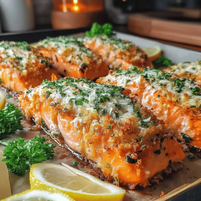 Lachsfilets mit einer knusprigen Kräuter-Knoblauch-Parmesan-Kruste sind nicht nur ein echter Genuss für den Gaumen, sondern auch ein gesundes Gericht, das sich schnell zubereiten lässt. Dieses Rezept kombiniert die zarten Aromen des Lachses mit einer aromatischen Kruste, die jeden Bissen zu einem Fest macht. Perfekt für ein schnelles Abendessen oder ein besonderes Ereignis, zeigt dieses Gericht, wie man mit einfachen Zutaten eine wahre Delikatesse zaubern kann.
